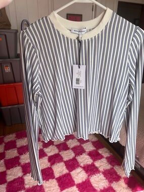 WeWoreWhat Cream & Navy Vertical Stripe Ribbed Long Sleeve Top